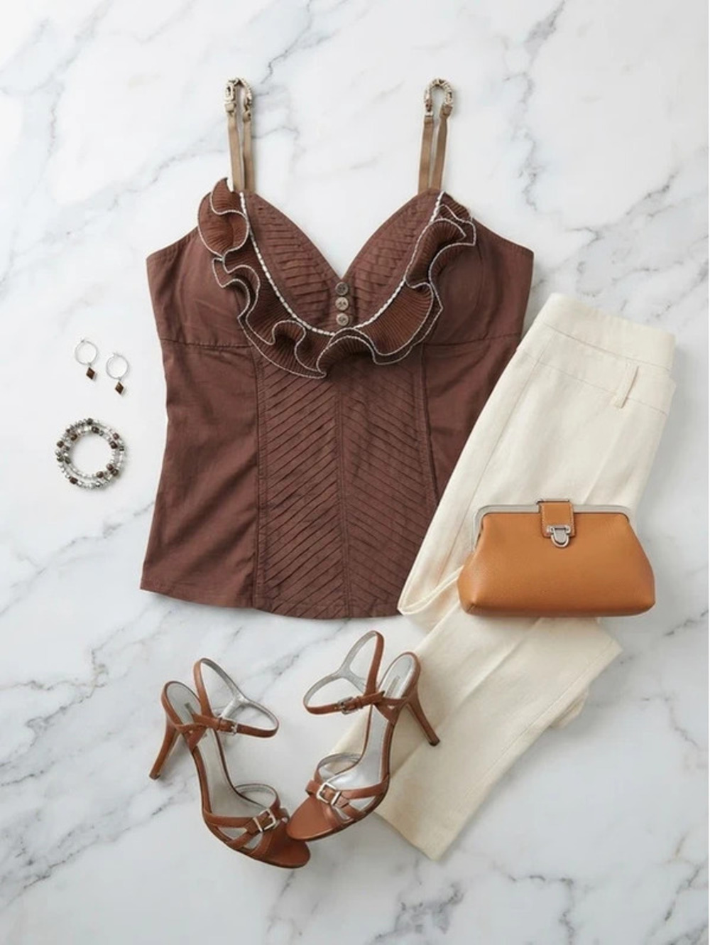 Olevole Brown Ruffled Rhinestone Corset Cami Top